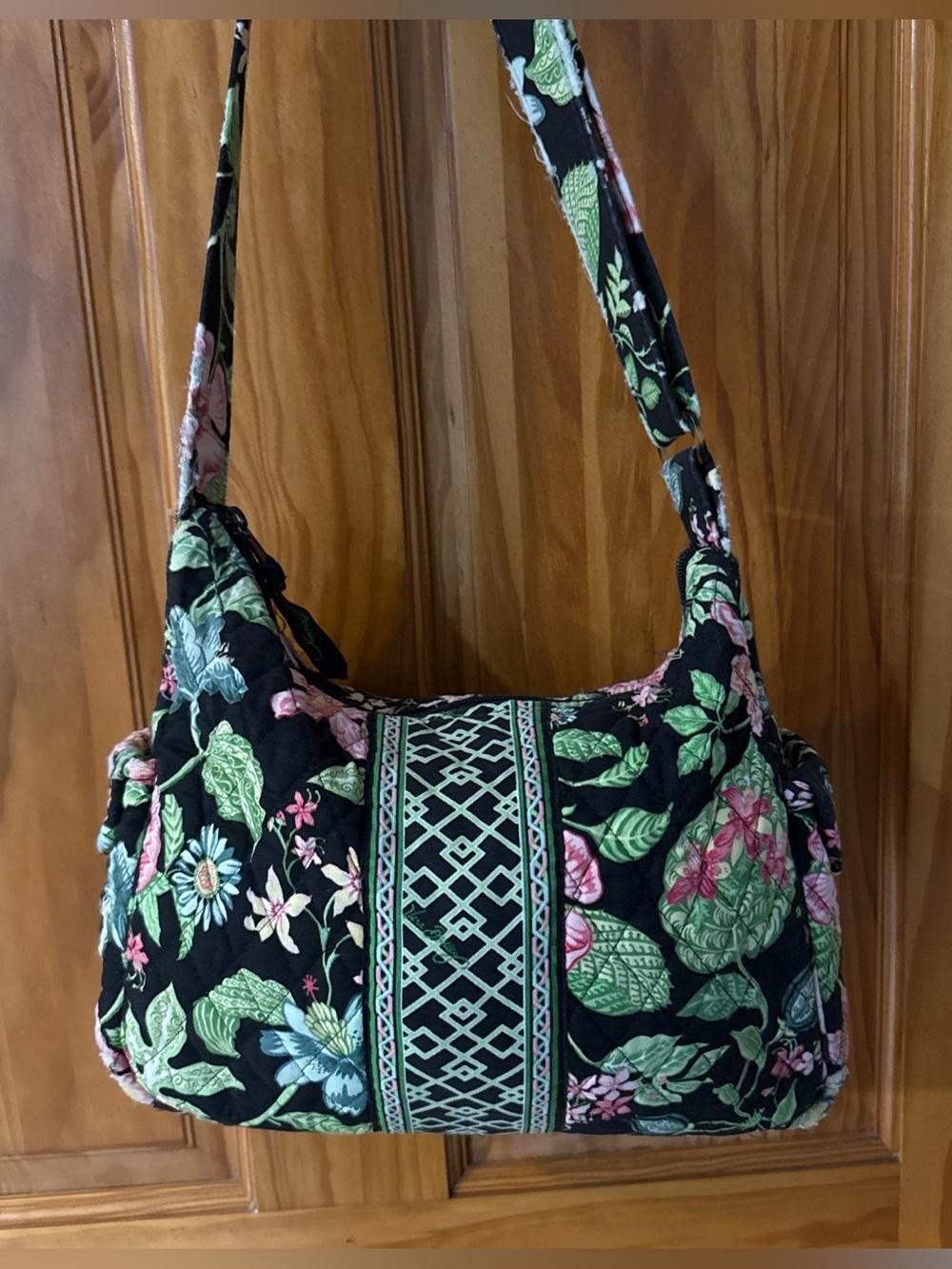 Vera Bradley Black Quilted Shoulder Bag with Green and Pink Floral Print
